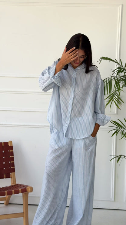 Matilda Long Sleeves Shirt & Wide Leg trousers - Striped Blue