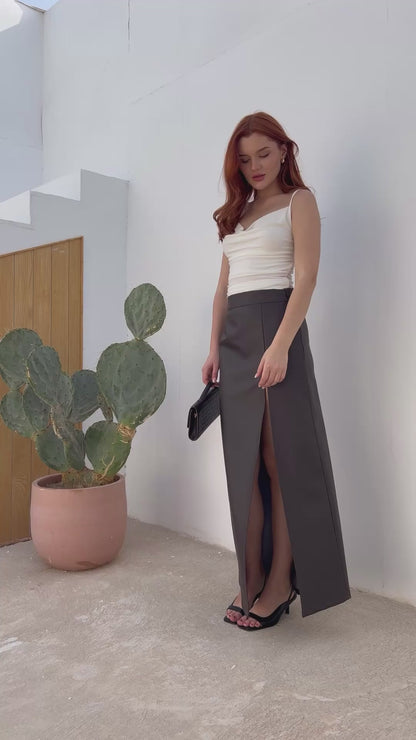 Leather Front Slit Skirt - Brown