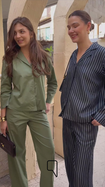Della Striped Pajama Shirt & Flare Trousers Set - Navy