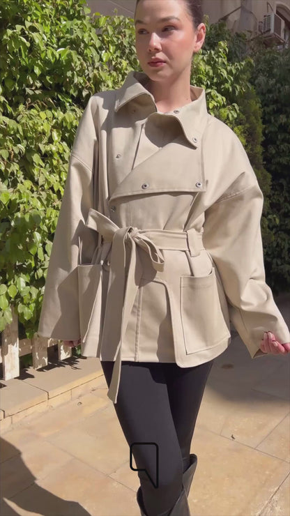 Elizabeth Funnel Neck Trench Coat - Beige