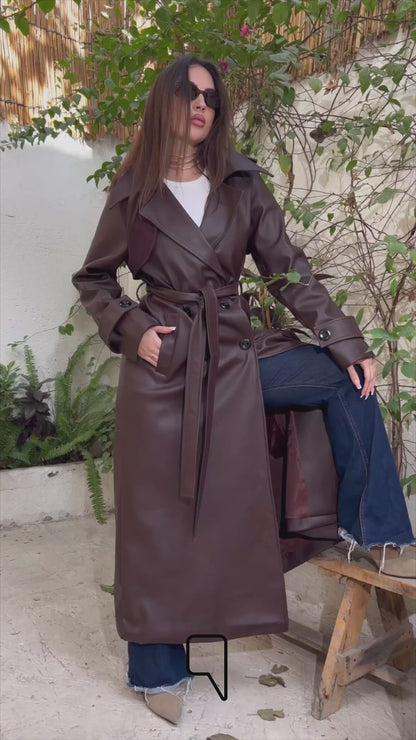 Leather Trench Coat With Suede - Brown