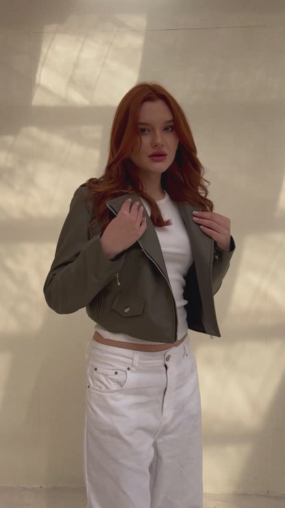 Leather Biker Jacket - Olive