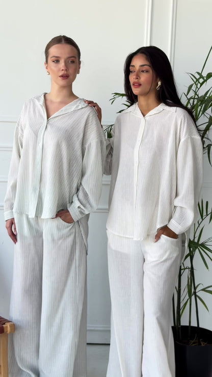 Matilda Long Sleeves Shirt & Wide Leg trousers - Striped Olive