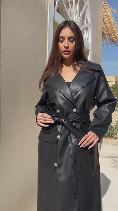 Textured Leather Coat - Black