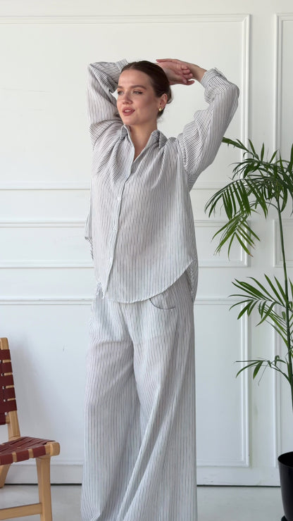 Matilda Long Sleeves Shirt & Wide Leg trousers - Striped Black