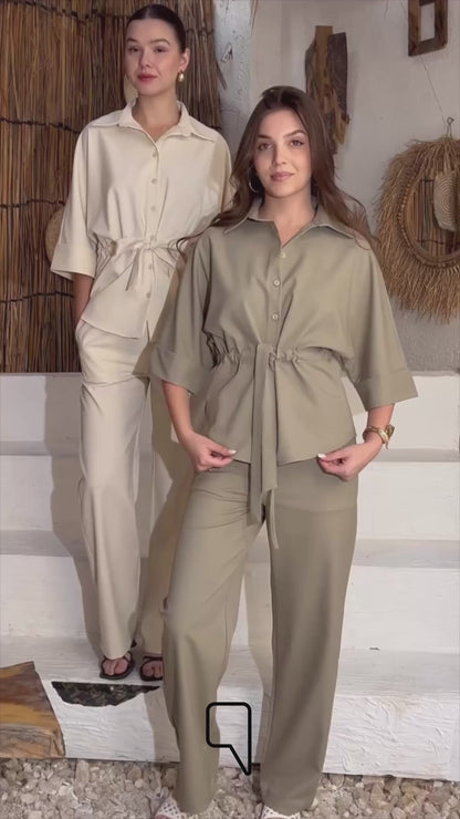 Olivia Safari Shirt & Blend Straight Trousers Set - Olive