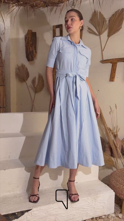 Sidney Striped Midi Shirt Dress - Baby Blue