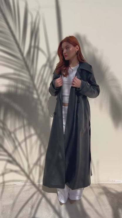Leather Trench Coat With Suede - Black