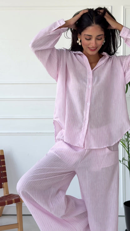 Matilda Long Sleeves Shirt & Wide Leg trousers - Striped Pink