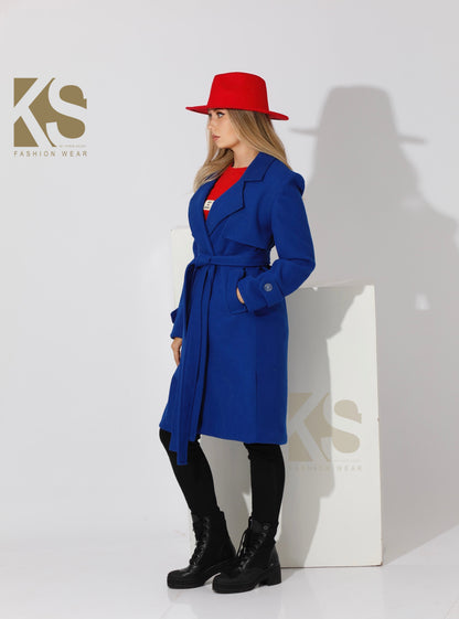 Woolen Wrapped Belted trench Coat - Electric Blue