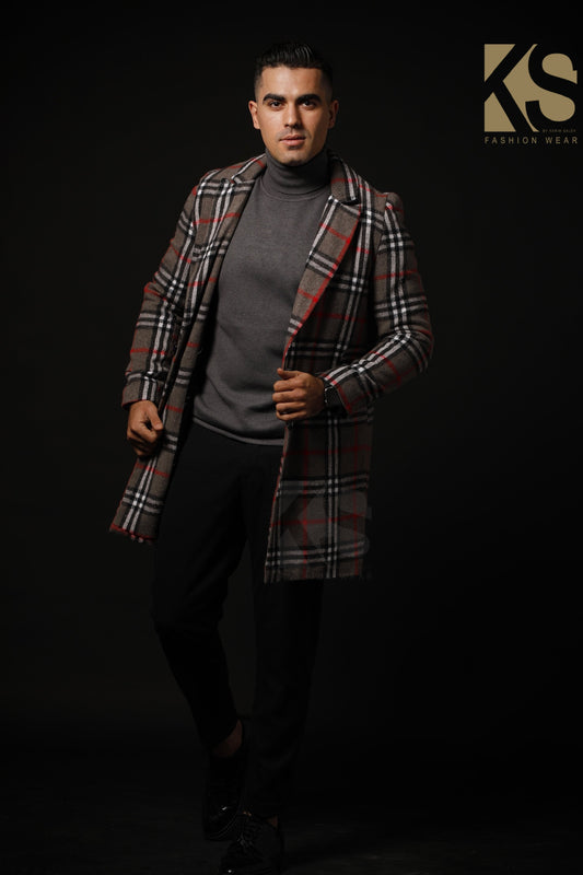 Men Short Checks Coat - Gray
