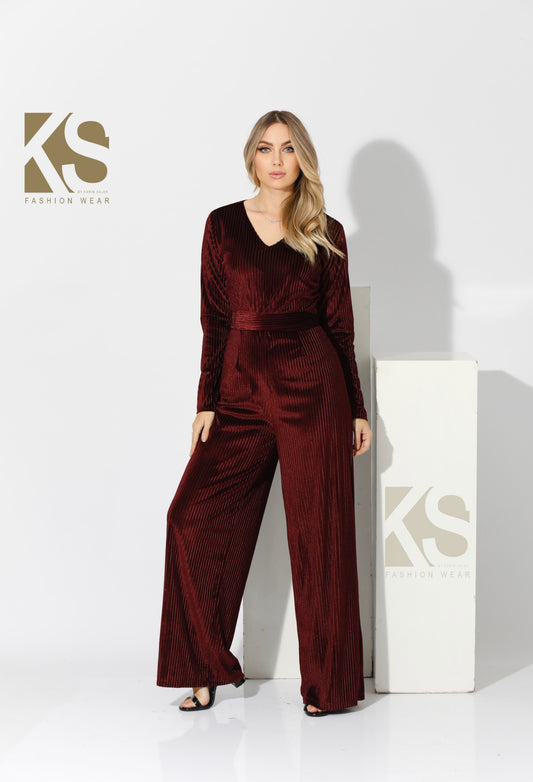 Velvet wide leg Jumpsuit- Maroon
