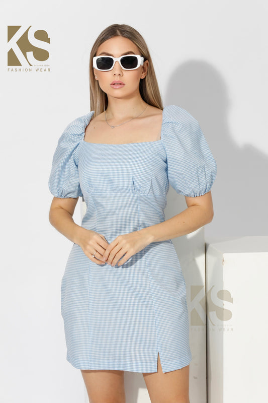 Short Dress with Puff sleeves - Checks Blue