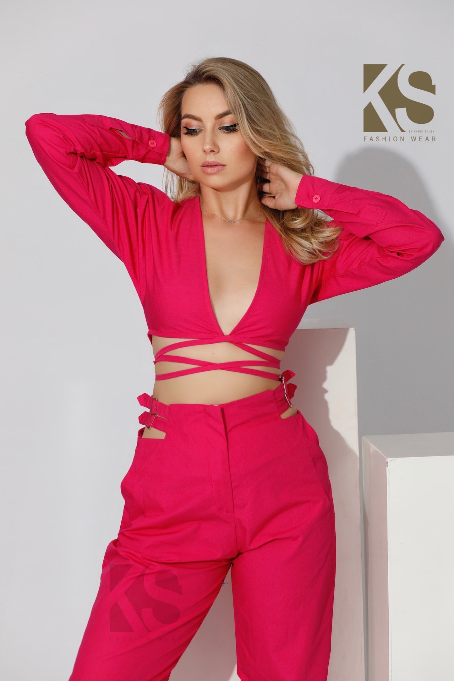Co-ord Wrap Top & High Waist Pants - Barbie Pink
