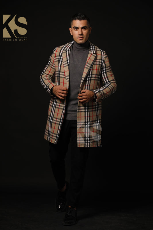 Men Short Checks Coat - Beige