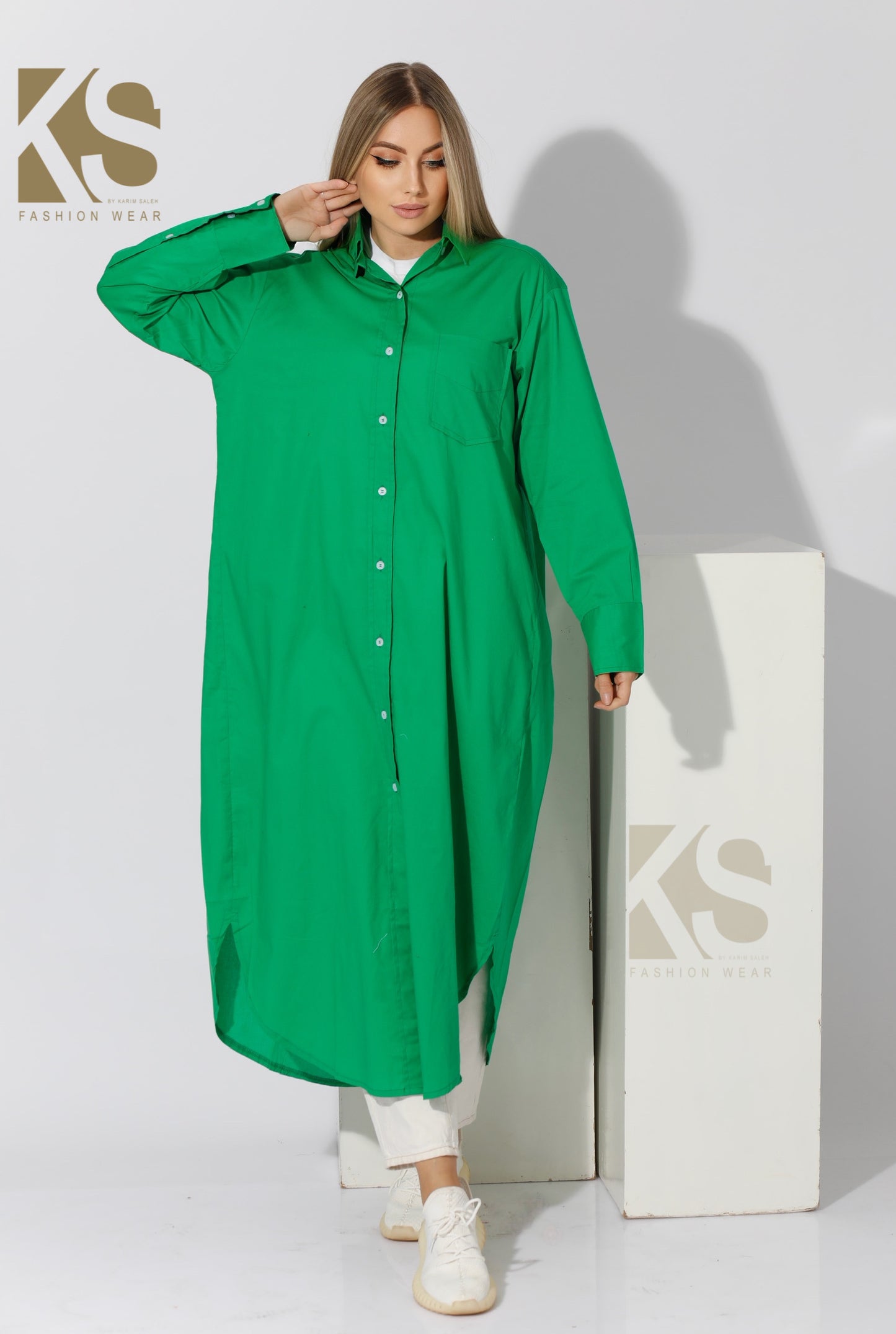 Long Oversized Shirt Dress - Green