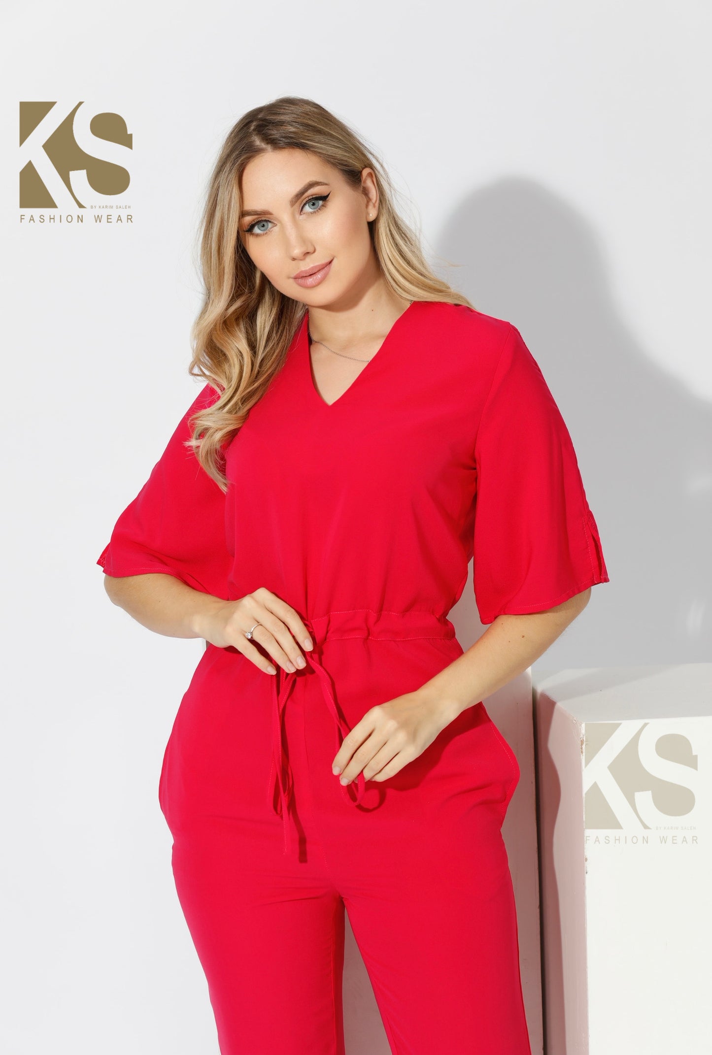 Half sleeves Jumpsuit - Red