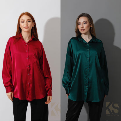 Oversized Satin Blouse - Dark Green