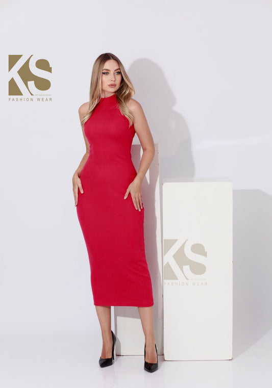 Slinky High Neck Midi Sleeveless Dress - Barbie Pink