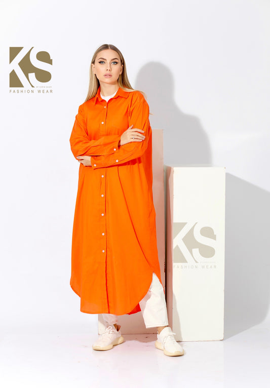 Long Oversized Shirt Dress - Orange