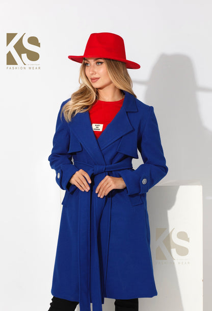 Woolen Wrapped Belted trench Coat - Electric Blue