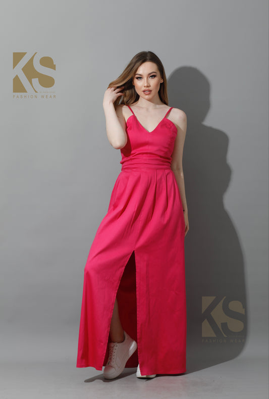 Front Long Slit Dress - Barbie Pink