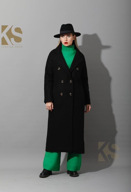 Long Double Breasted Coat - Black