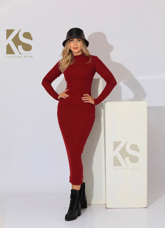 Slinky High Neck Midi Dress - Maroon