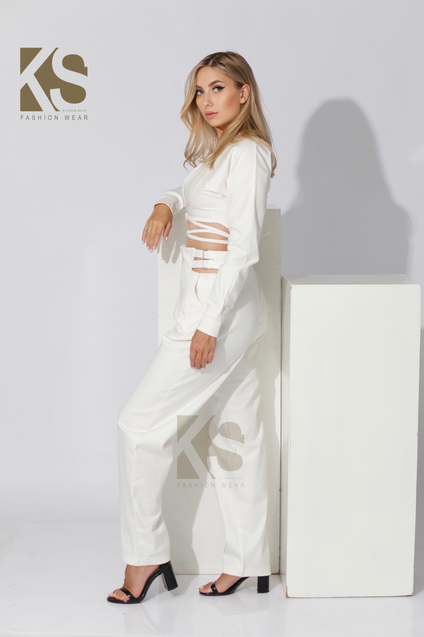 Co-ord Wrap Top & High Waist Pants - White