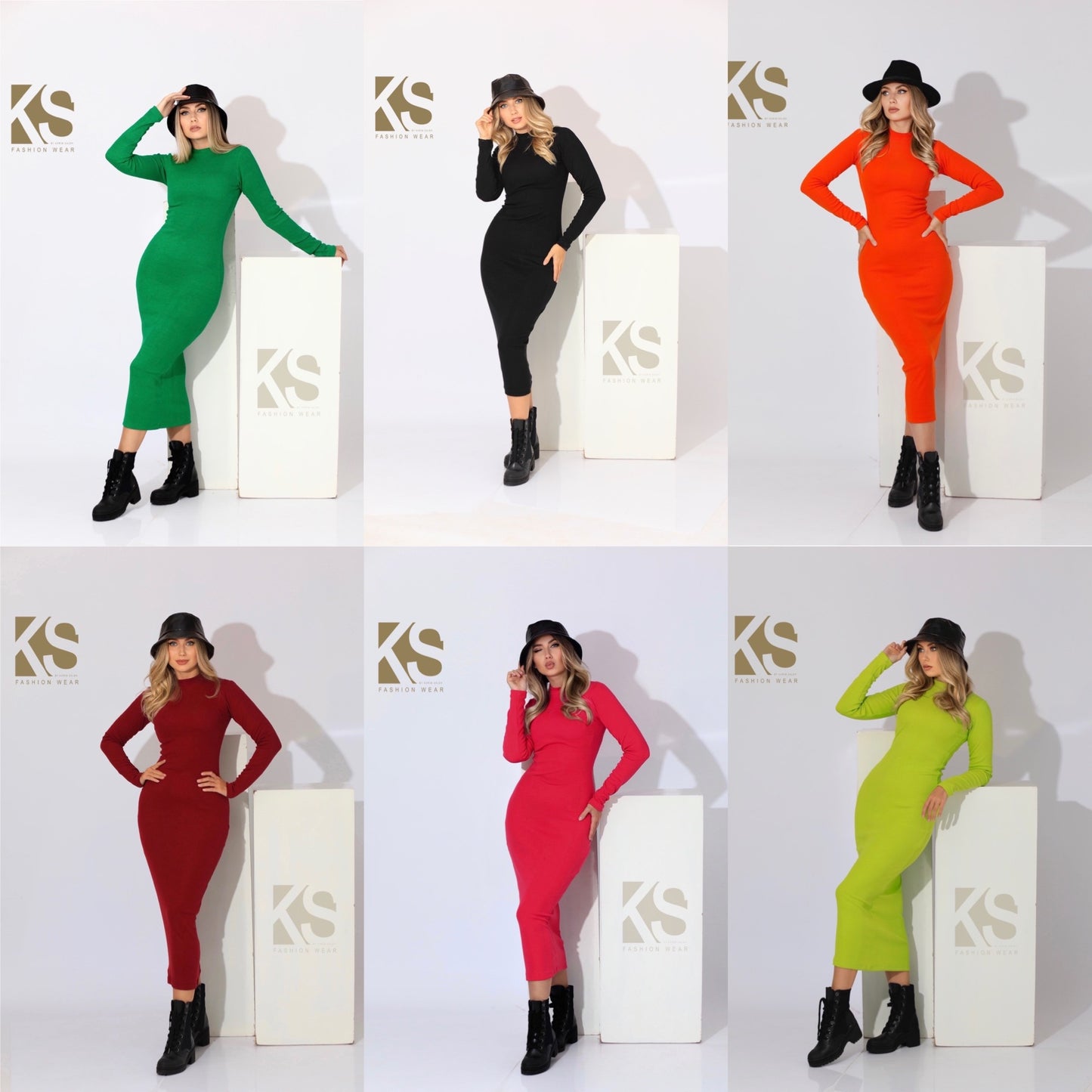 Slinky High Neck Midi Dress - Lime Green