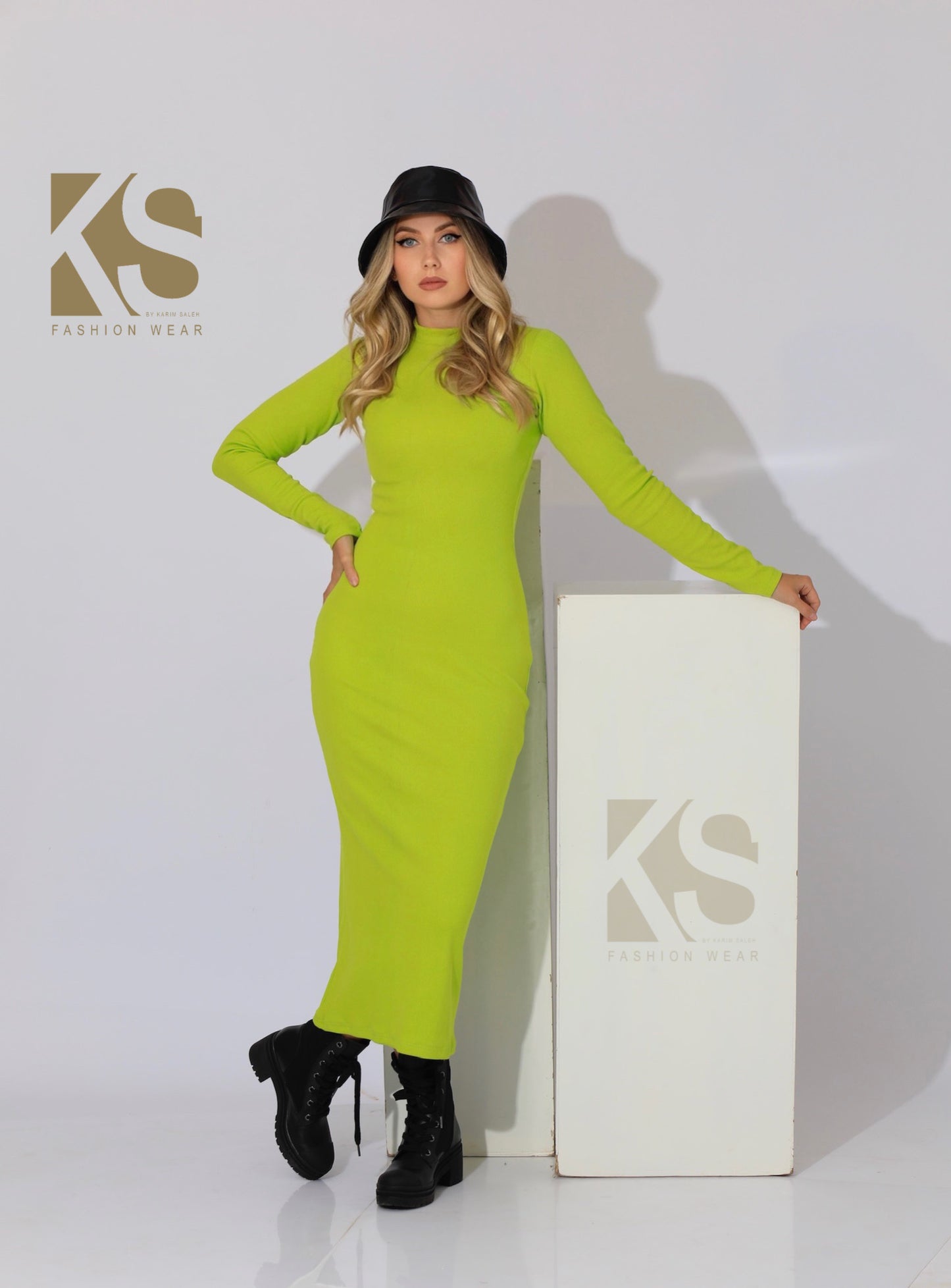 Slinky High Neck Midi Dress - Lime Green