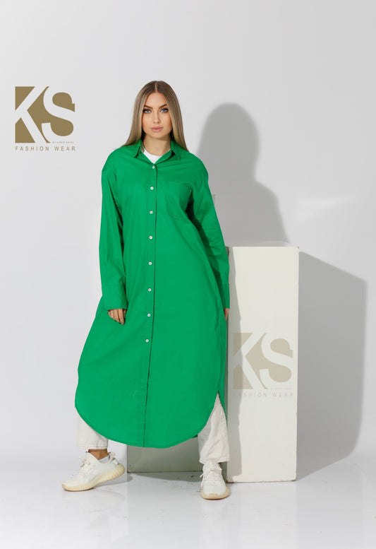 Long Oversized Shirt Dress - Green