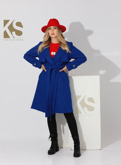 Woolen Wrapped Belted trench Coat - Electric Blue