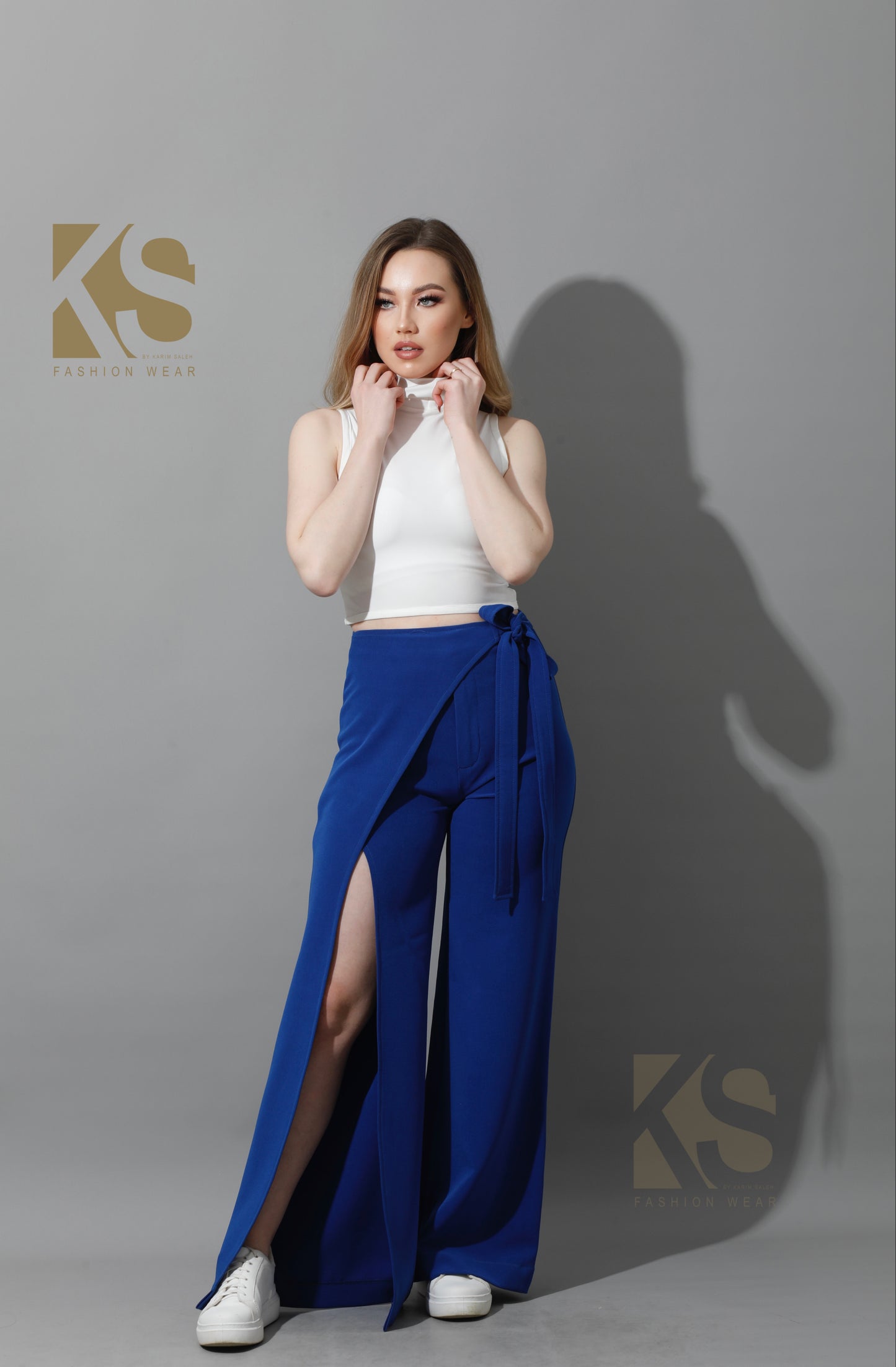 Wrap Pants With Front Slit - Electric Blue