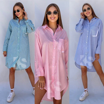 Oversized Striped Shirt Dress - Striped Green
