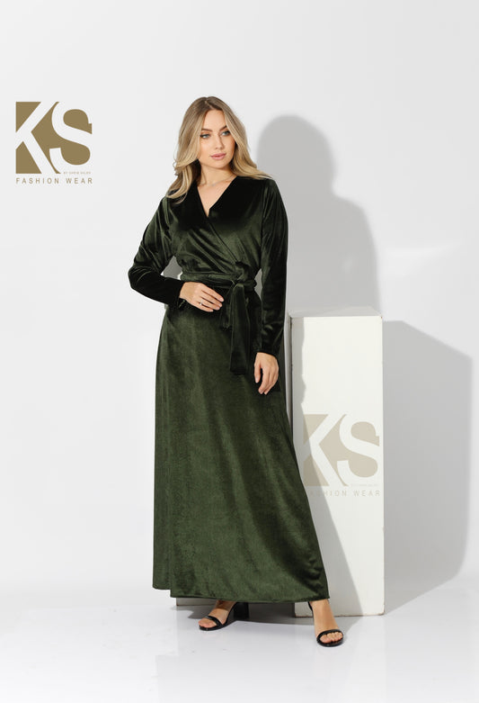 Velvet Wrap Maxi Dress - Olive