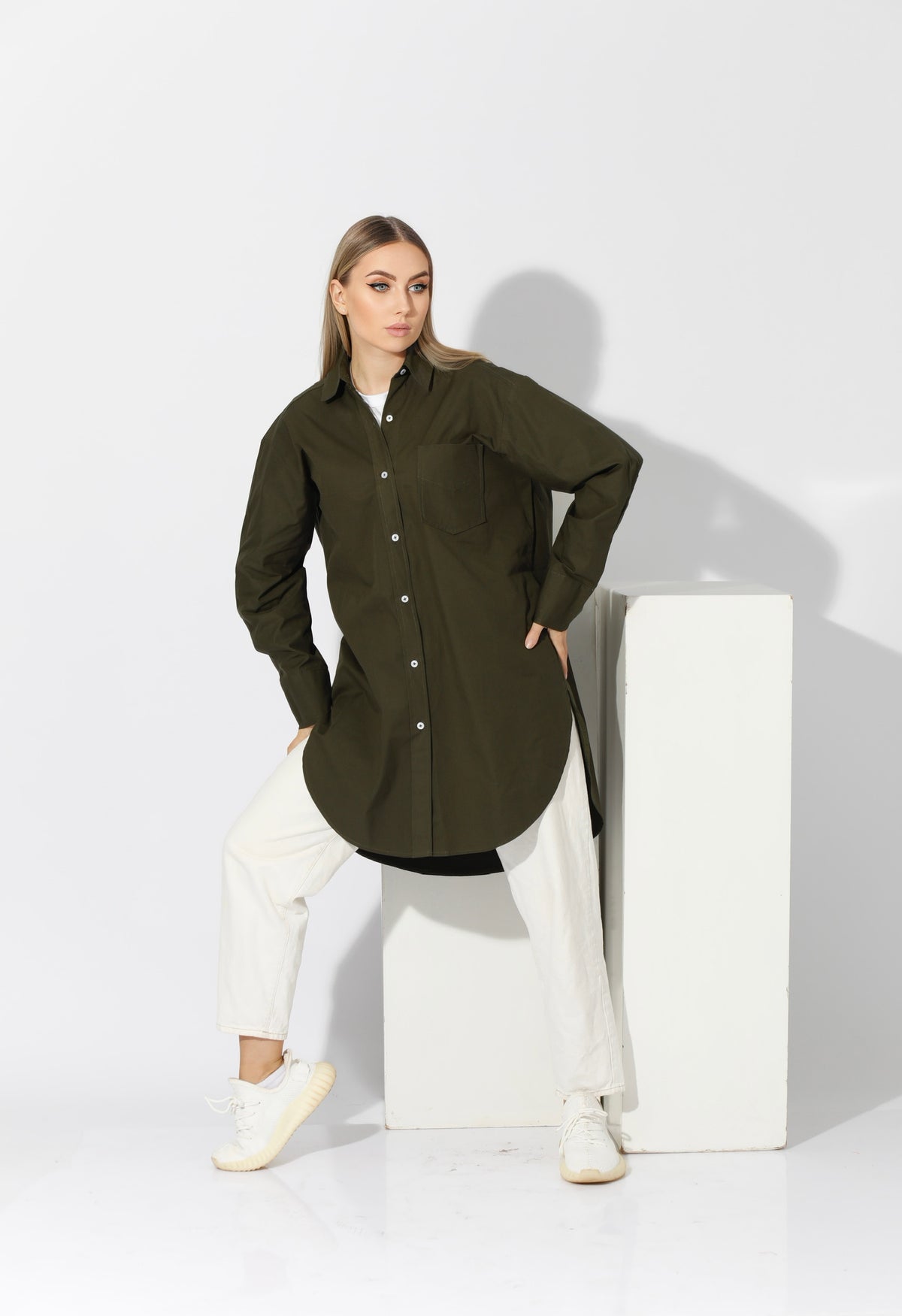Oversized Shirt Dress - Dark Olive