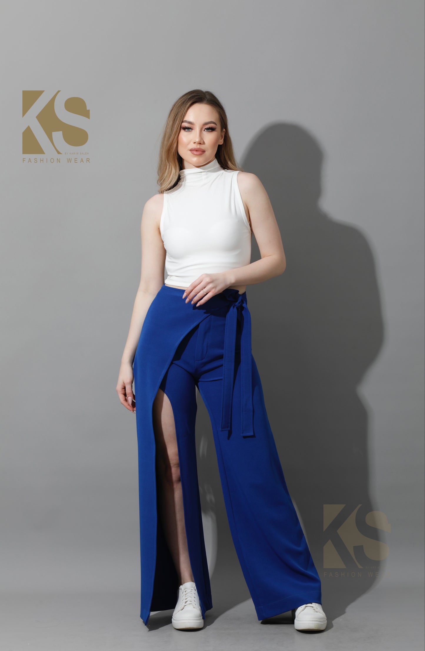 Wrap Pants With Front Slit - Electric Blue