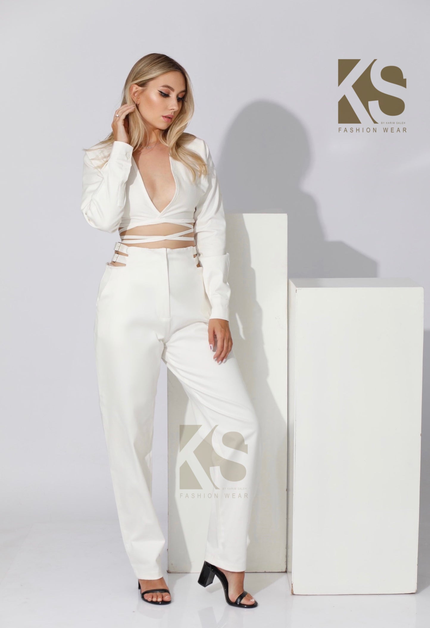 Co-ord Wrap Top & High Waist Pants - White